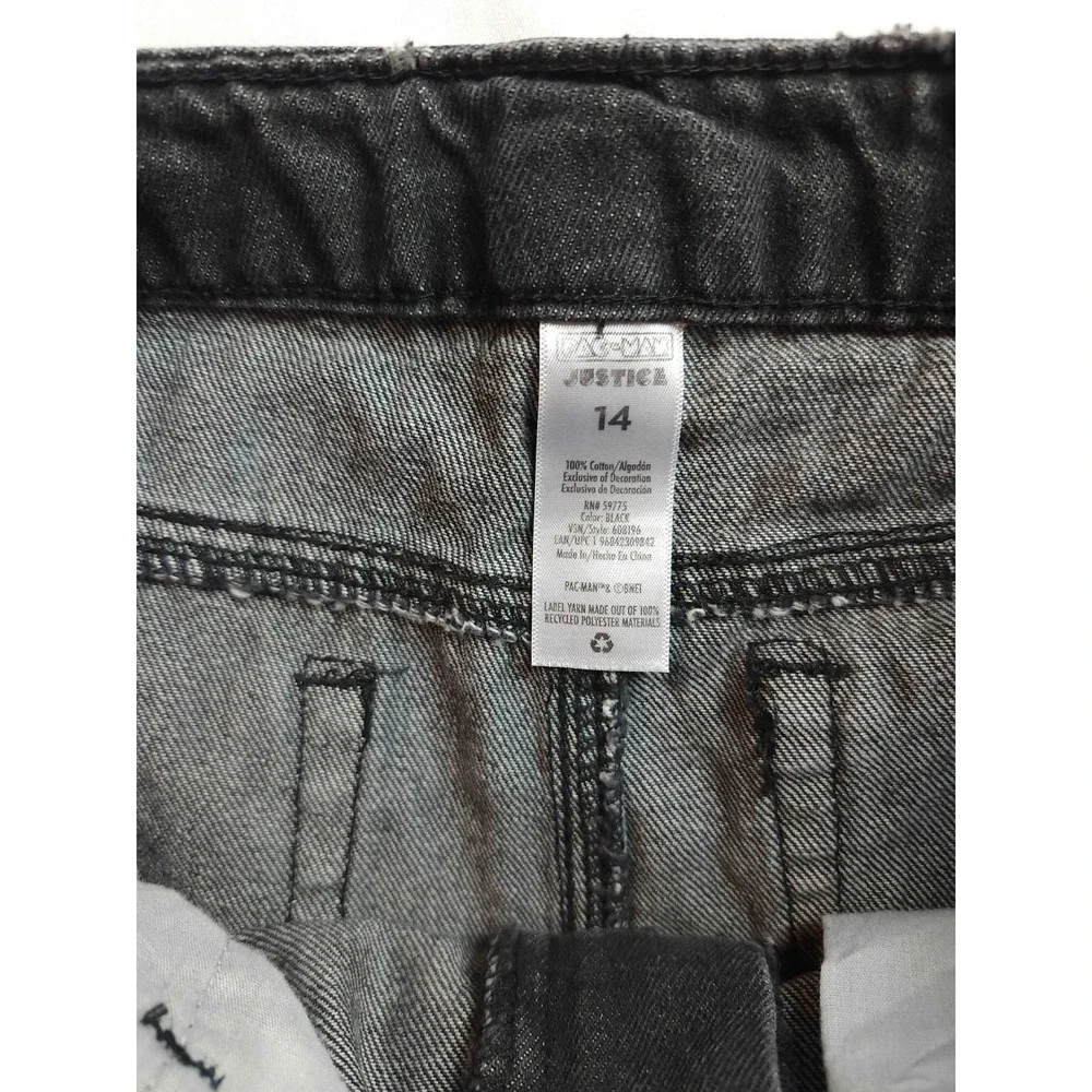 Justice‎ Pac Man Denim Shorts Size 14 Black Denim Rhinestone Retro Video Game